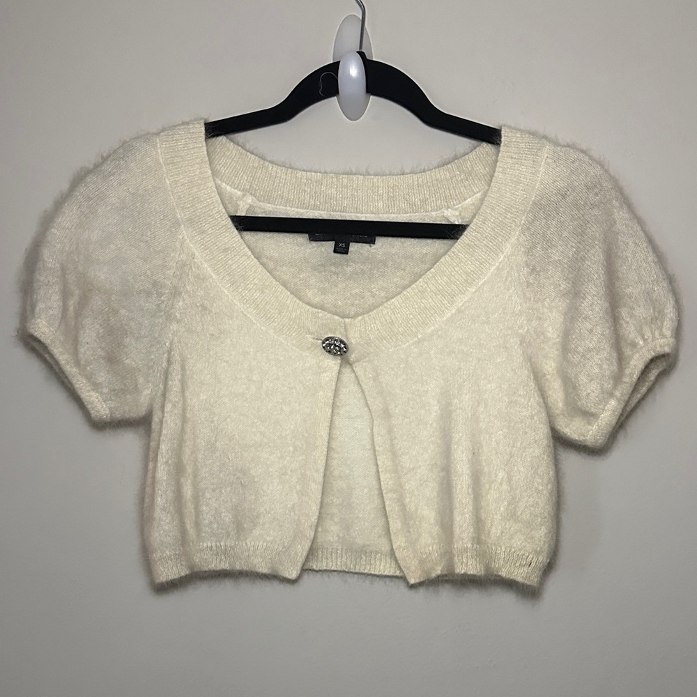 Express Ivory Fuzzy Short-Sleeve Cropped Cardigan